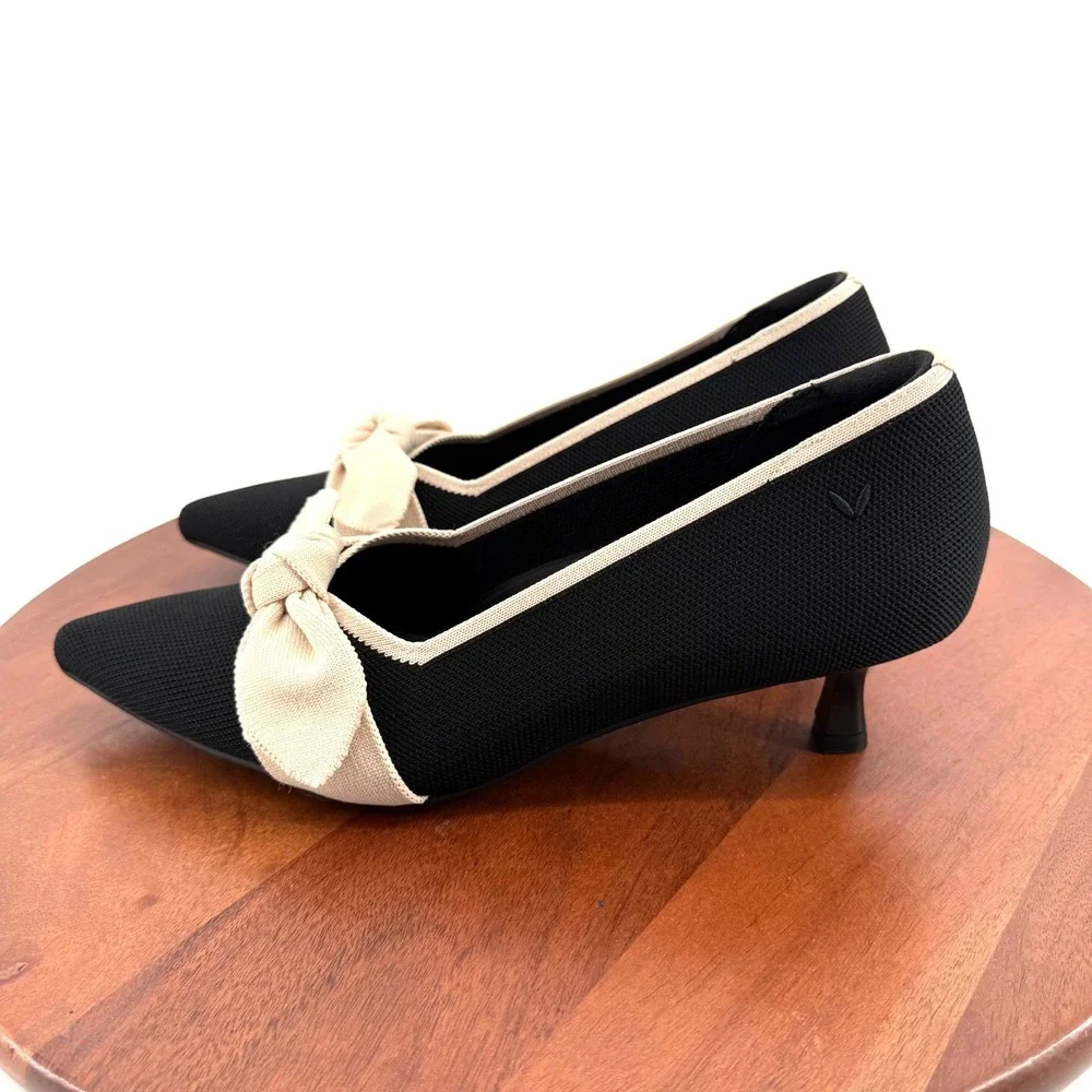 VIVAIA Kitten Heel Pumps Black Cream Bow Pointed Toe Knit Shoes Wmn EU42/US 10.5